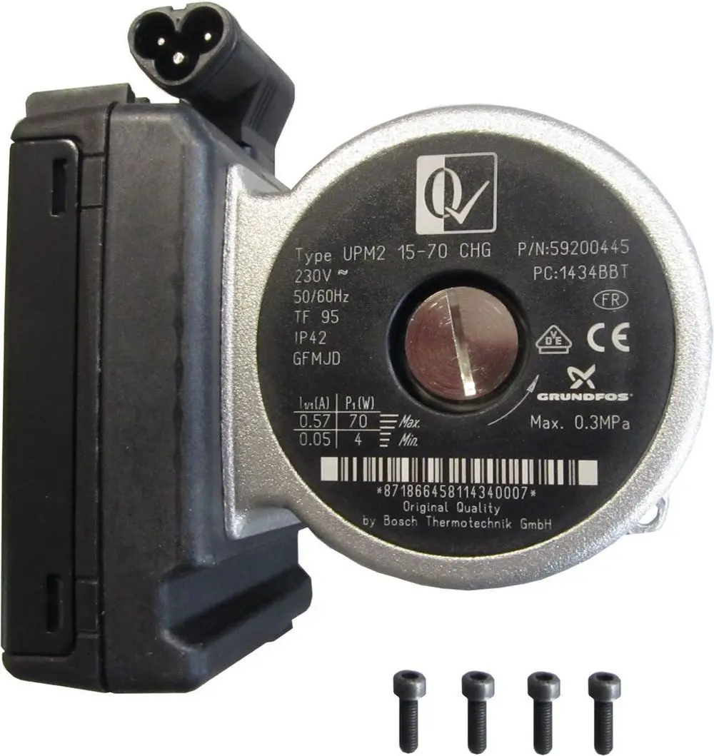 Bosch Pumpenmotor mit elektrischer Verbindung, metallischem Gehäuse und Beschriftungen zur technischen Spezifikation, inklusive vier Schrauben im Vordergrund.
